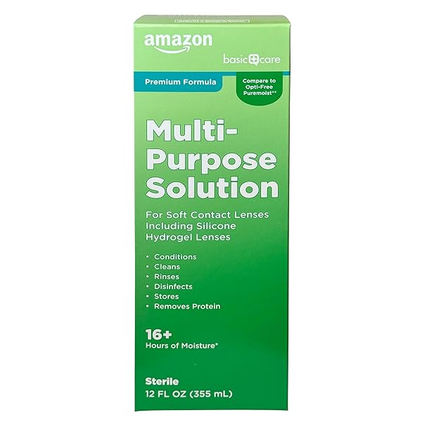 AMAZON BASIC CARE MULTI-PURPOSE CONTACTS SOLUTION – PREMIUM FORMULA, DISINFECTS, CLEANS, REMOVES PROTEIN, MOISTURIZES FOR 16+ HOURS, CONTACT LENS CLEANER & STORAGE, 12 FL OZ (PACK OF 1)