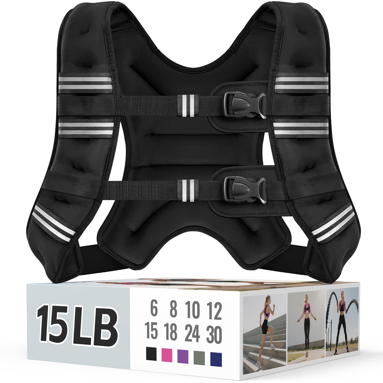 Zeerun Weighted Vest, 6lb/8lb/10lb/12lb/15lb/18lb/20lb/24lb/30lb for Men Women, Reflective Stripe Adjustable Buckle, Comfortable Durable Rucking Vest for Walking Running Strength Training, 15LBS-Black