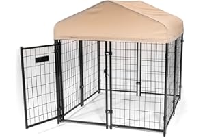 Lucky Dog Stay Series 4 by 4 by 4.3 Feet Studio Jr. Black Powder Coat Steel Frame Outdoor Dog Kennel with Waterproof Canopy Roof and Gate Door, Khaki