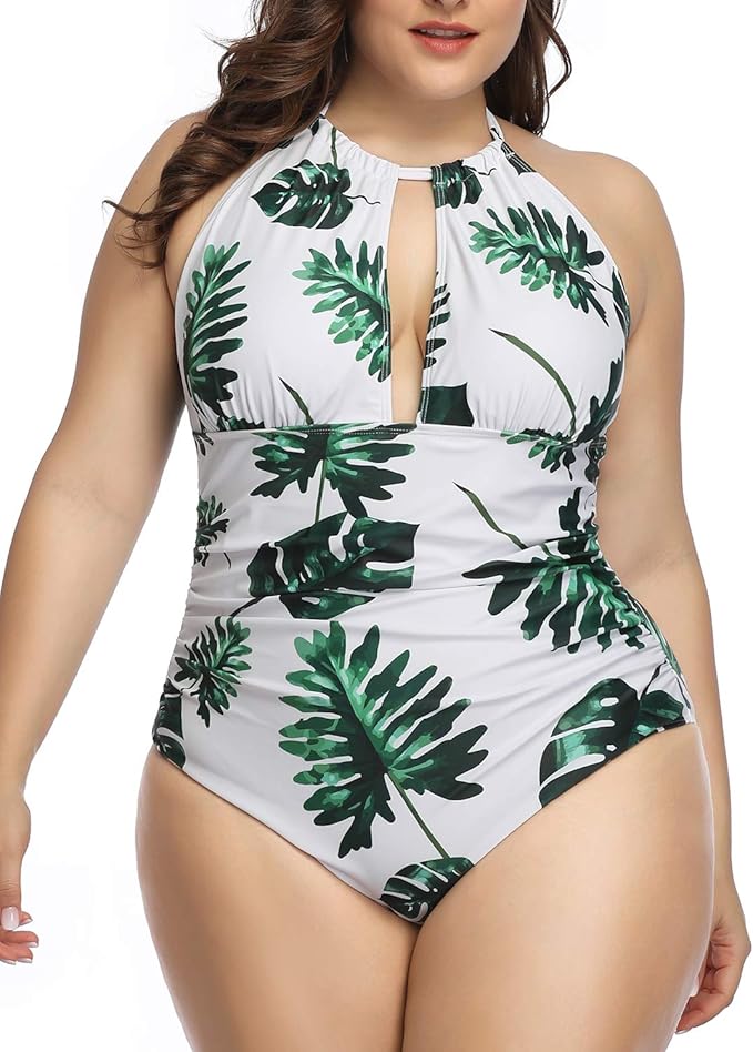 BeachQueen Women Plus Size One Sexy Piece Swimsuit Ruched Swimwear White Leaf, Large (US 12-14)