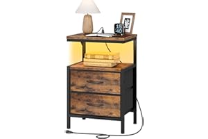 HOOBRO Nightstand with Charging Station, Bedside Table with LED Light, End Table with 2 Fabric Drawers and Open Storage, 1 Ou