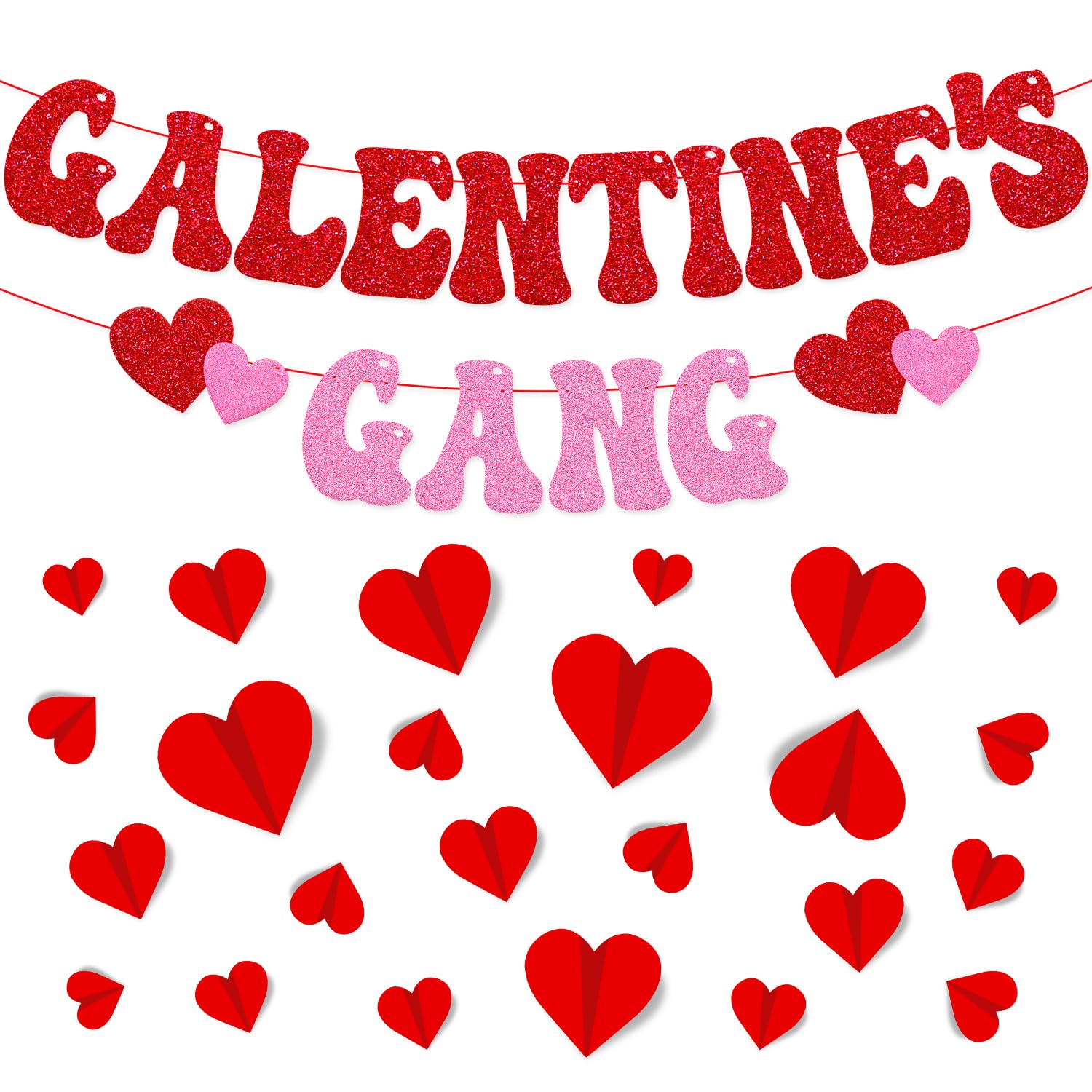 Photo 1 of 26 PCS Happy Galentines Day Party Decorations Galentines Gang Banner 3D Red Heart Wall Decor Girls Ladies Friends Galentines Day Happy Valentines Day Party Supplies