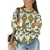 WDIRARA Women's Argyle Sweater Graphic Long Sleeve Crew Neck Pullover Knit Tops