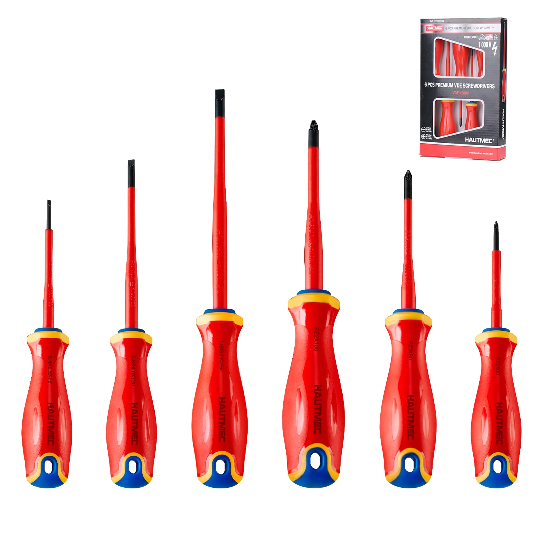 HAUTMEC Insulated Screwdriver Set, 6-Piece Electrician Screwdriver Set, VDE & GS Certified 1000V, with S2 Steel Magnetic Tips and Tri-Material Handles for Professional Electrical Work, HT0331-UK