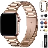 Fullmosa Metal Band Compatible with Apple Watch Bands 45mm 44mm 42mm, iWatch Band with Case for Apple Watch Series 9 8 7 6 5 4 3 2 1 SE3/2/1, Rose Gold