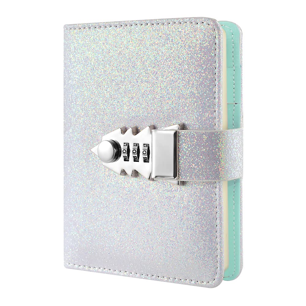 NectaRoy Sequin Lockable Diary, Refillable Password Notebook Writing Journal Planner Organizer with Combination Lock, Loose-Leaf Lined Notepad Sketchbook, Size 185x135mm