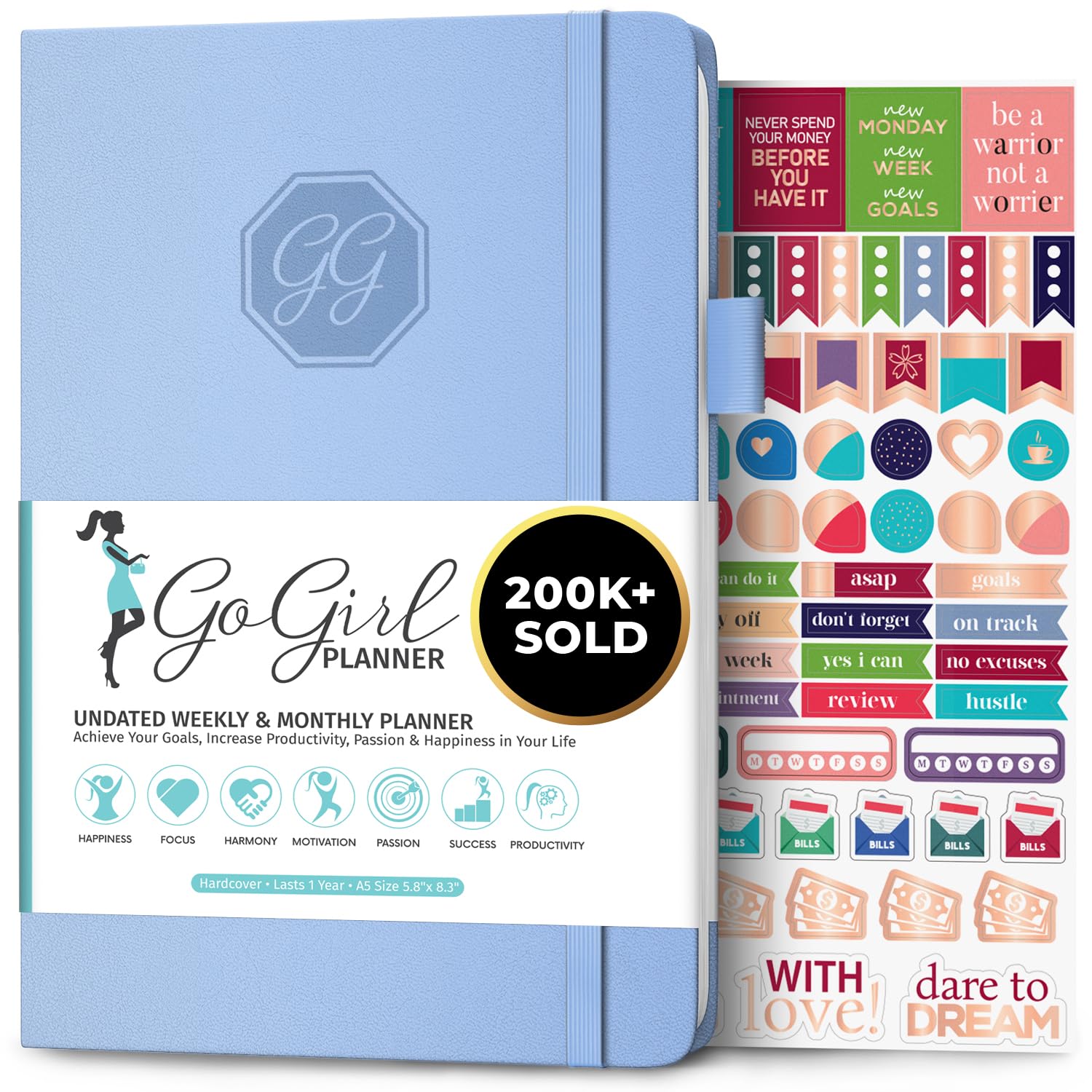 GoGirl Planner and Organizer for Women – A5 Weekly Agenda, Goals Journal to Improve Time Management & Productivity (Light Blue)