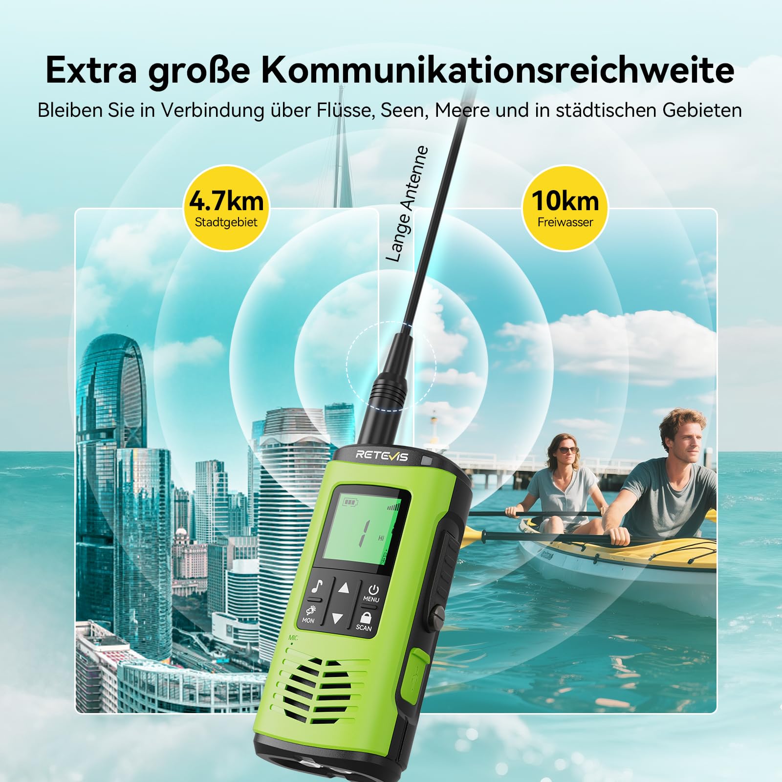 Retevis EZTalk 64S Walkie Talkie, IP68 Wasserdichtes Langstrecken Funkgerät, RT649P 2.0, Korrosionsbeständige, Rechargeable, Taschenlampe, SOS-Alarm, Funkgerät für Kajak Angeln (1 Paar) 3