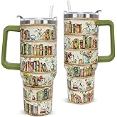 Book Lovers Gifts 40oz Retro Bookshelf Tumbler with Handle and Straw Watercolor Flowers Bookworm Coffee Travel Mugs Insulated Cup Gifts for Women Readers,Reading,Bookish,Librarian,Books Accessories