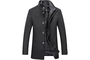 YRAETENM Men's Trench Coat Stand Collar Button Mid Long Wool Blend Overcoat Winter Slim Fit Peacoat Overcoat with down Vest