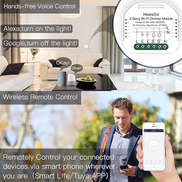 MoesGo WiFi Interruptor Luz con Dimmer Inteligente Inalambrico Mdulo Alexa Control Remoto y Rele para conmutador de 2 Gang y 12 Way compatible con la app Smart LifeTuya AlexaGoogle Home
