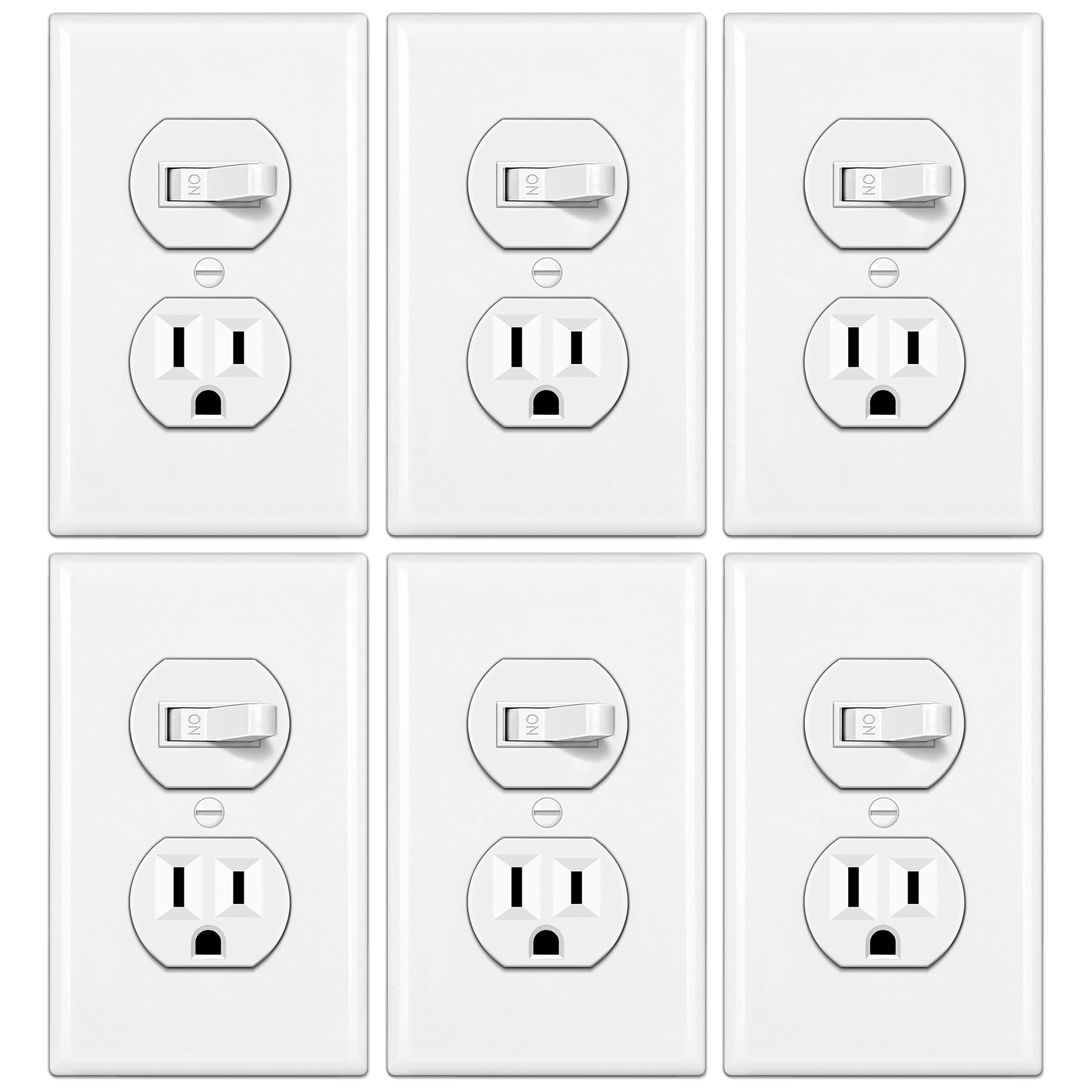 BESTTEN 6 Pack Combination Toggle Light Switch and Duplex Receptacle Outlet, Single Pole Toggle Wall Switch, Grounded Outlet, Combo Style, 15 Amp, Wallplate Included, UL Listed, White Image