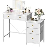 DSAFGGY Makeup Vanity Desk with Mirror and Lights, Makeup Vanity with 5 Fabric Drawers & 3 Lighting Modes, Adjustable Brightn