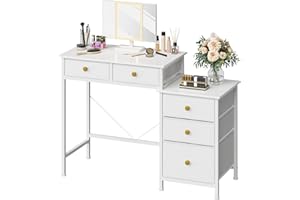 DSAFGGY Makeup Vanity Desk with Mirror and Lights, Makeup Vanity with 5 Fabric Drawers & 3 Lighting Modes, Adjustable Brightn
