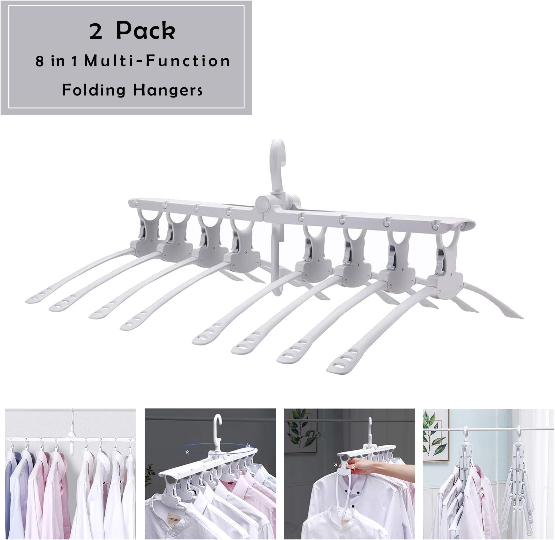 Areskey 2 Pack 8 in 1 Foldable Travel Home Camping Hangers,Space Saving Clothes Hangers,Multi-Function Folding Magic Clothes Hangers (White, 8 in 1 Folding Hanger)