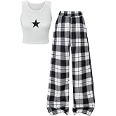RoseSeek Girl's Y2K Outfits 2 Piece Star Graphic Tank Tops and Plaid Wide Leg Pants Clothing Sets