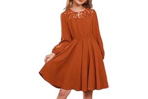 GRACE KARIN Girls Fall Dress Long Sleeve Midi with Lace Panels Twirl Skirt Elastic Waist for Holiday Party 6-14Y