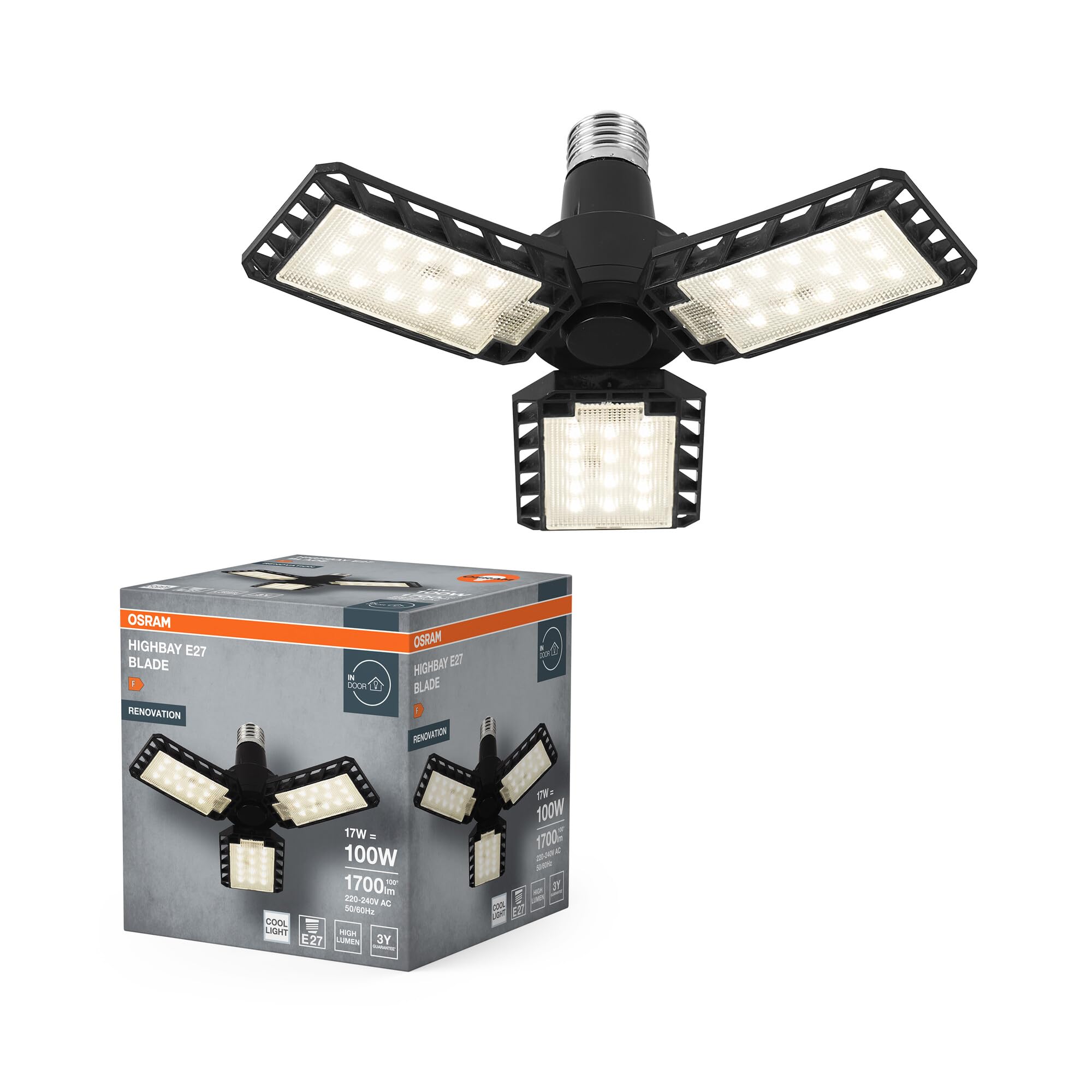 OSRAM Highbay Blade Deckenlampe in Schwarz, Kunststoff, mit verstellbaren Lichtflügeln, bietet 17 W bzw. 1700 lm in Neutralweiß mit 4000 K, E27 Schraubgewinde, 231 mm Durchmesser, IP20