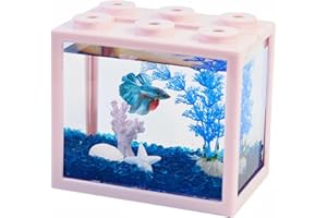 TSXUREPAW Small Betta Fish Tank, Mini Fish Tank Aquarium Tank Kit with Blue Gravel & Resin Decorations, 0.6 Gallon Stackable Fish Bowl Tiny Desktop Aquarium for Sea Monkey Shrimp