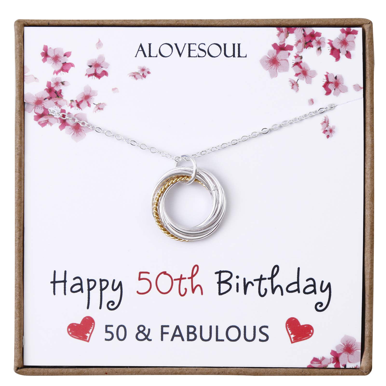 ALoveSoul 50th Birthday Gifts for Women - Sterling Silver Five Circle intertwined Necklace for Her 5 Decade 50 Years Old Jewelry Presents