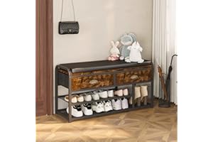 Homeiju Shoe Bench, 3 Tier Entryway Bench, Shoe Storage Bench with Padded Seating & Drawers, 35.5” Metal Entryway Foyer Hallway Bench, Vintage Brown