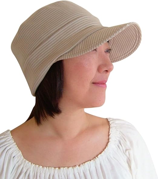 Amazon 抗がん剤 医療用帽子 着脱式 髪付き帽子 カットソー ボーダーキャスケット ショートボブヘア2点セット ベージュボーダー 帽子 通販