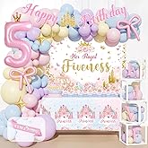 Fiesec Princess Birthday Party Decorations 5 Year Old, 145 PCs - Her Royal Fiveness Party Supplies with Fairytale Backdrop, Balloon Garland, Number 5 Foil Balloon, It’s My 5th Birthday Sash