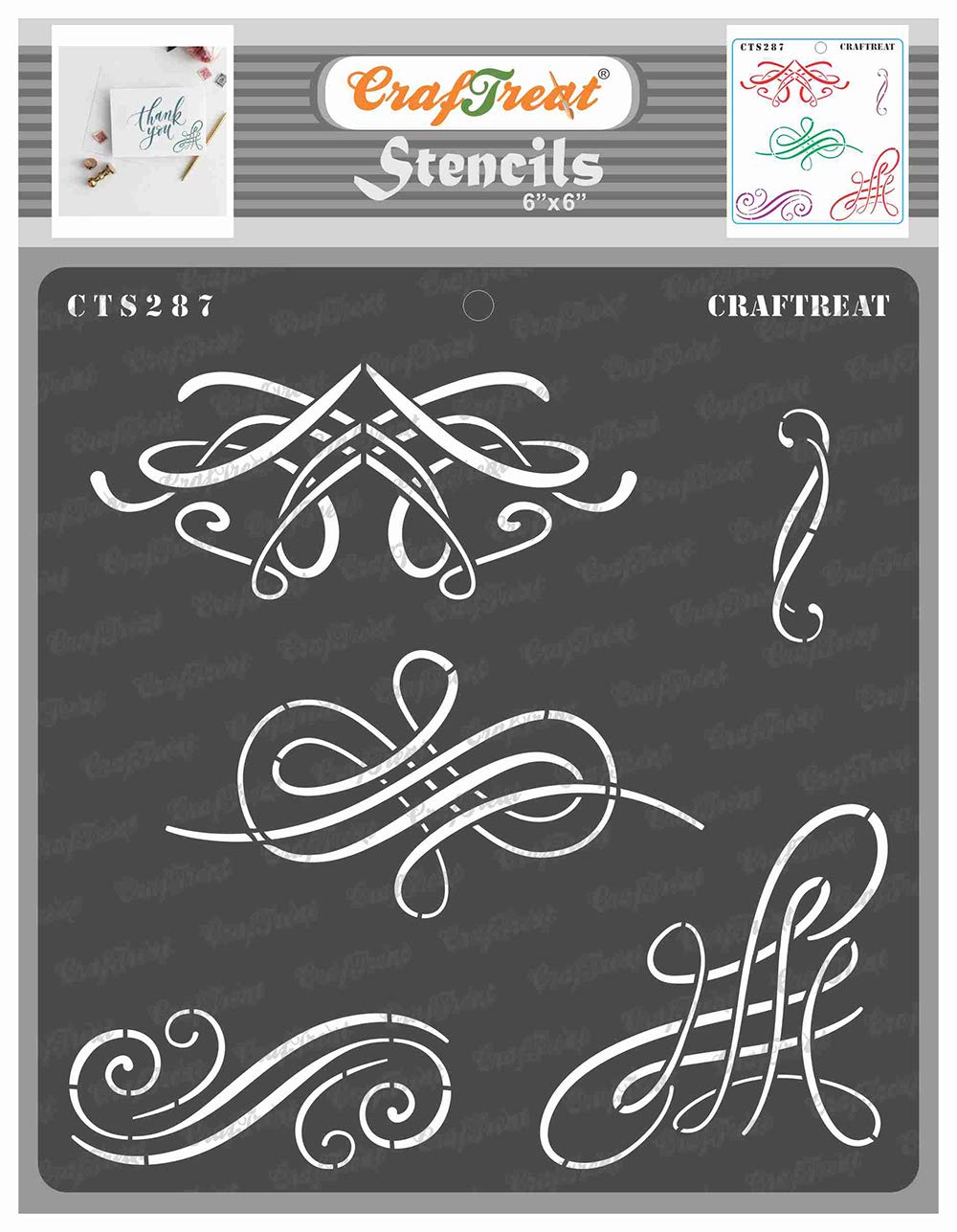 CrafTreat Reusable Swirls Calligraphy Stencils for Painting on Wood, Canvas, Paper, Fabric, Floor - Calligraphy Swirl Stencil -6x6 Inch - DIY Craft Stencils for Painting Calligraphy Design