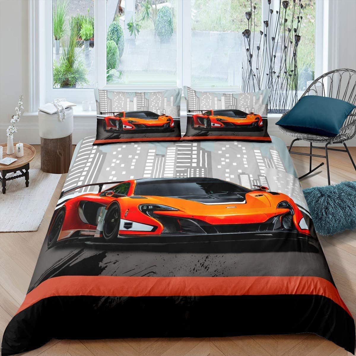Race Car Duvet Cover Sports Theme 3 Pieces Soft Microfiber Bedding Set With Zipper Ties Teen Boys Kids Orange Sports Car Pattern Home Decor Simple Modern Fashion Comforter Cover Set, Double Size