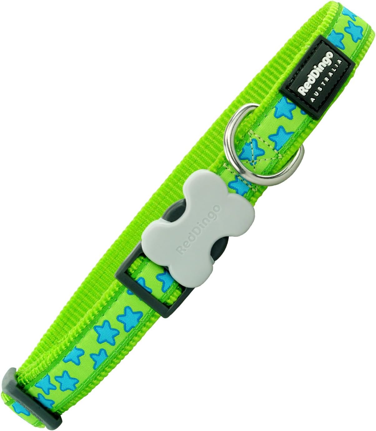Red Dingo Bucklebone Dog Collar Design, Stars Turquoise on Lime Green, Medium 20mm, M (Pack of 1)