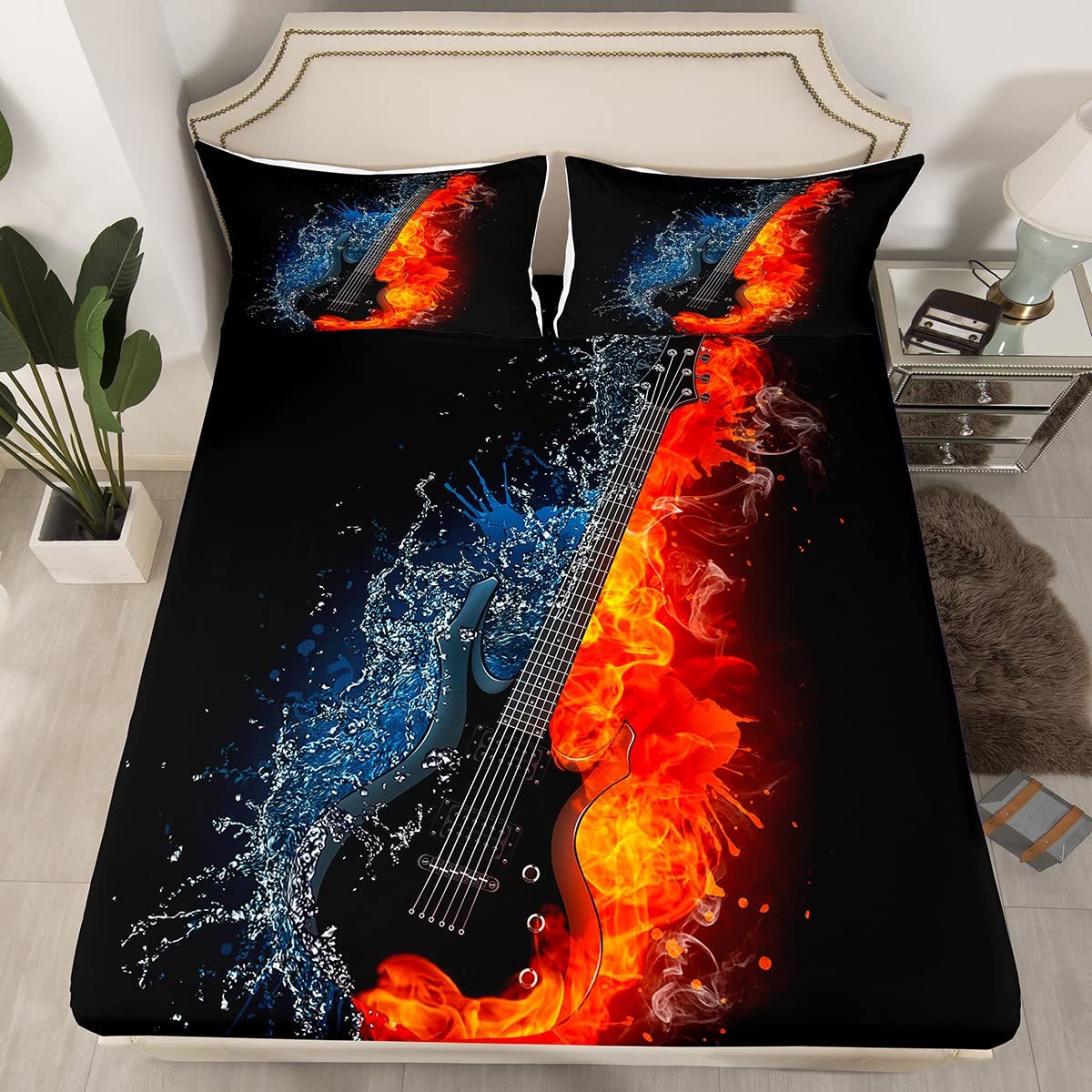 Guita Kids Fitted Sheet Single Size,Music Lovers Musical Instrument Bedding Set,Girls Boys Adults Bedroom Decor,Flame Smoke Fashion Design Bed Cover,Black Chic Bed Sheet,1 Pillowcase