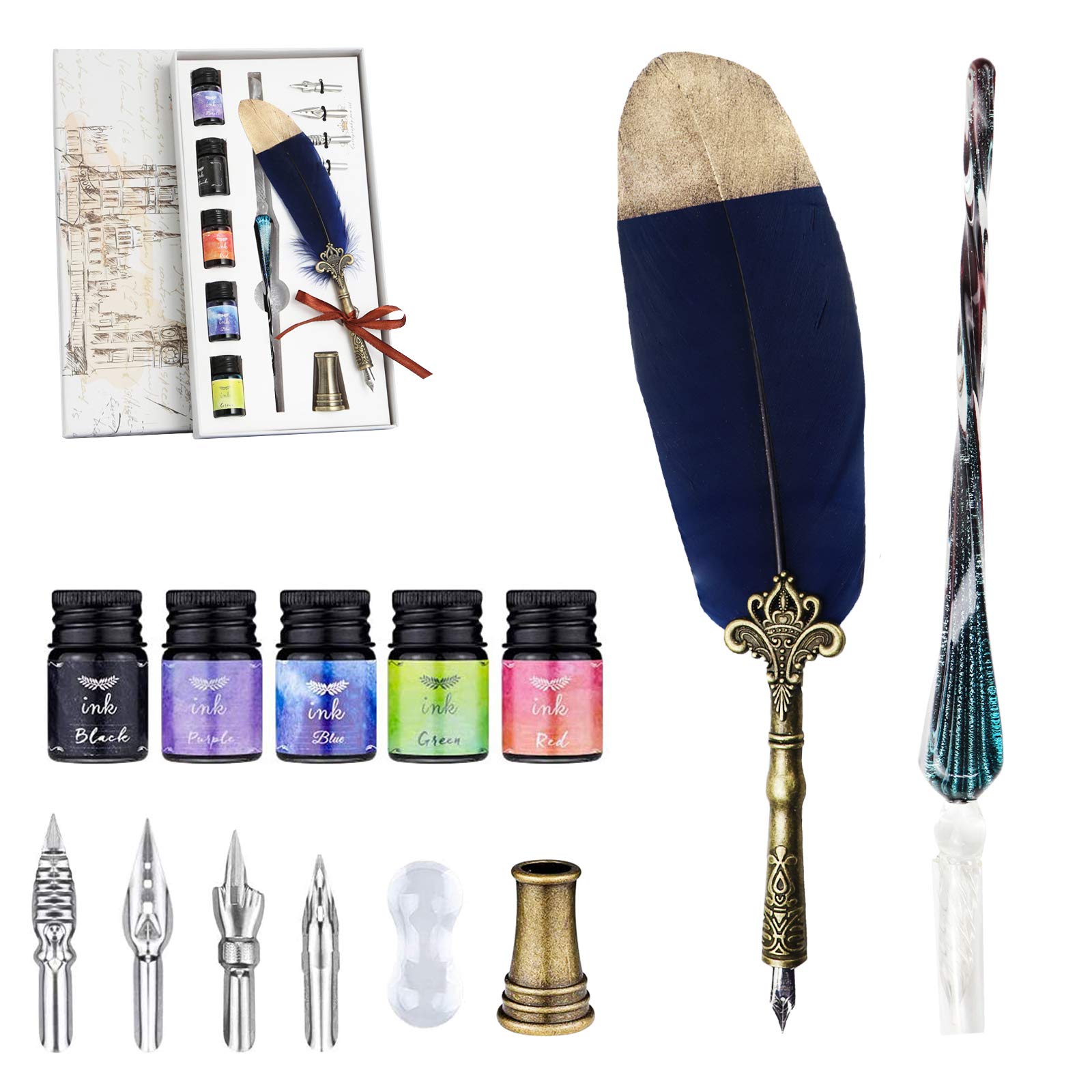 AOMAYLL Calligraphy Feather Pens Ink Set, Quill Writing Pen Set, Owl Feather Pen,Antique Calligraphy Dip pen for Beginners and Professional (Deep blue)
