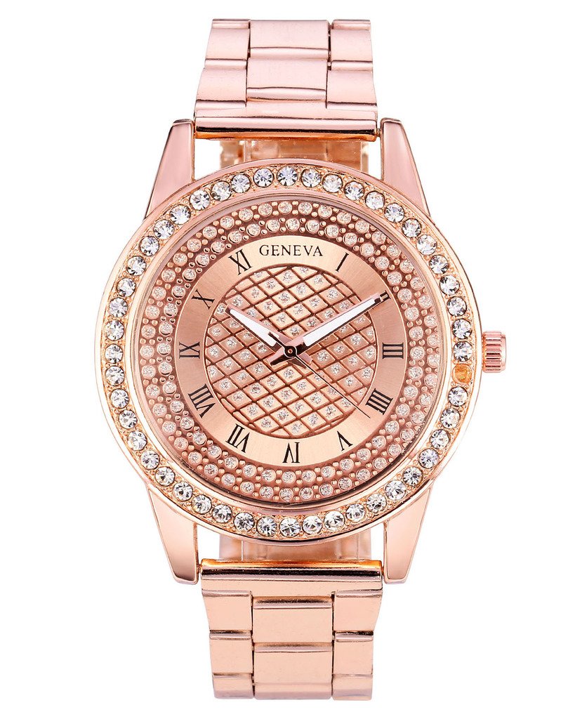 JSDDE Rose Gold Ladies Bracelet Watch Roman Numerals Luxury Rhinestone Shining Face Metal Band Wrist Watch