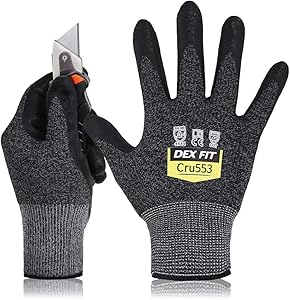 DEX FIT Level 5 Cut Resistant Gloves Cru553, 3D Comfort Stretch Fit, Power Grip, Durable Foam Nitrile, Pass FDA Food Contact, Smart Touch, Thin & Lightweight, Black Grey 7 (S) 1 Pair