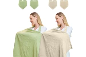 TATAVR 2Pack Muslin Nursing Covers for Breastfeeding, Privacy Breast Feeding Cover with Arch Neckline for Mom and Baby, 100% Cotton Nursing Apron Multi-Use Stroller Cover(Included Four Baby Bibs)