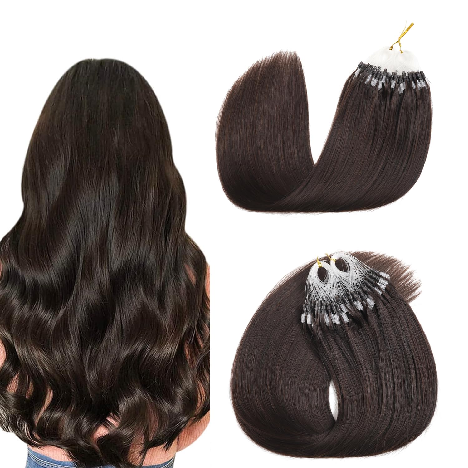Photo 1 of Sisily Micro Bead Hair Extensions Real Human Hair Dark Brown 22 Inch Micro loop Hair Extensions Real Human Hair Invisible MicroLink No Glue Needed No Damage for Women 50g