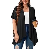 AusLook Women's Plus Size Lightweight Open Front Short Sleeve Cardigan Cover Ups Shrugs Shawls and Wraps Kimono Jacket Coat