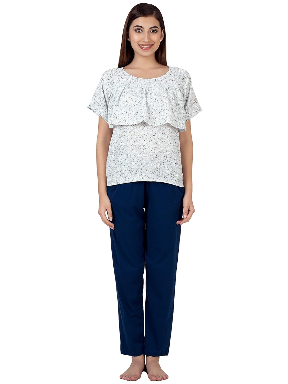 clovia women's crepe ruffled top & cotton rich pyjama