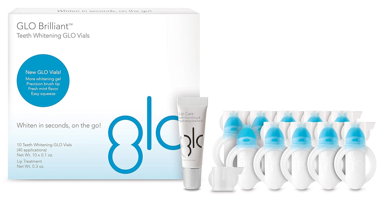 GLO Brilliant 10 Pack Teeth Whitening Gel Treatment Kit for Fast, Pain-Free, Long Lasting Results. Clinically Proven. Includes 10 GLO Vials Plus Lip Care: Premium Beauty