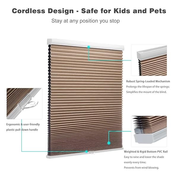 MYSHADE CORDLESS BLACKOUT CELLULAR SHADES FOR WINDOWS, HONEYCOMB WINDOW SHADES WITH THERMAL INSULATION, CHILD & PET SAFE ROOM DARKENING SHADE, EASY INSTALL, 27″ W X 36″ H, LIGHT BROWN