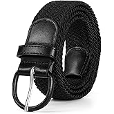 JASGOOD Women Braided Woven Elastic Stretch Belt Leather Covered Buckle Canvas Belt for Jeans Pants
