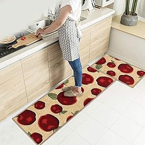 EGOBUY 2 Piece Non-Slip Kitchen Mat Rubber Backing Doormat Runner Rug Set (16x24"+16x47", Apple)