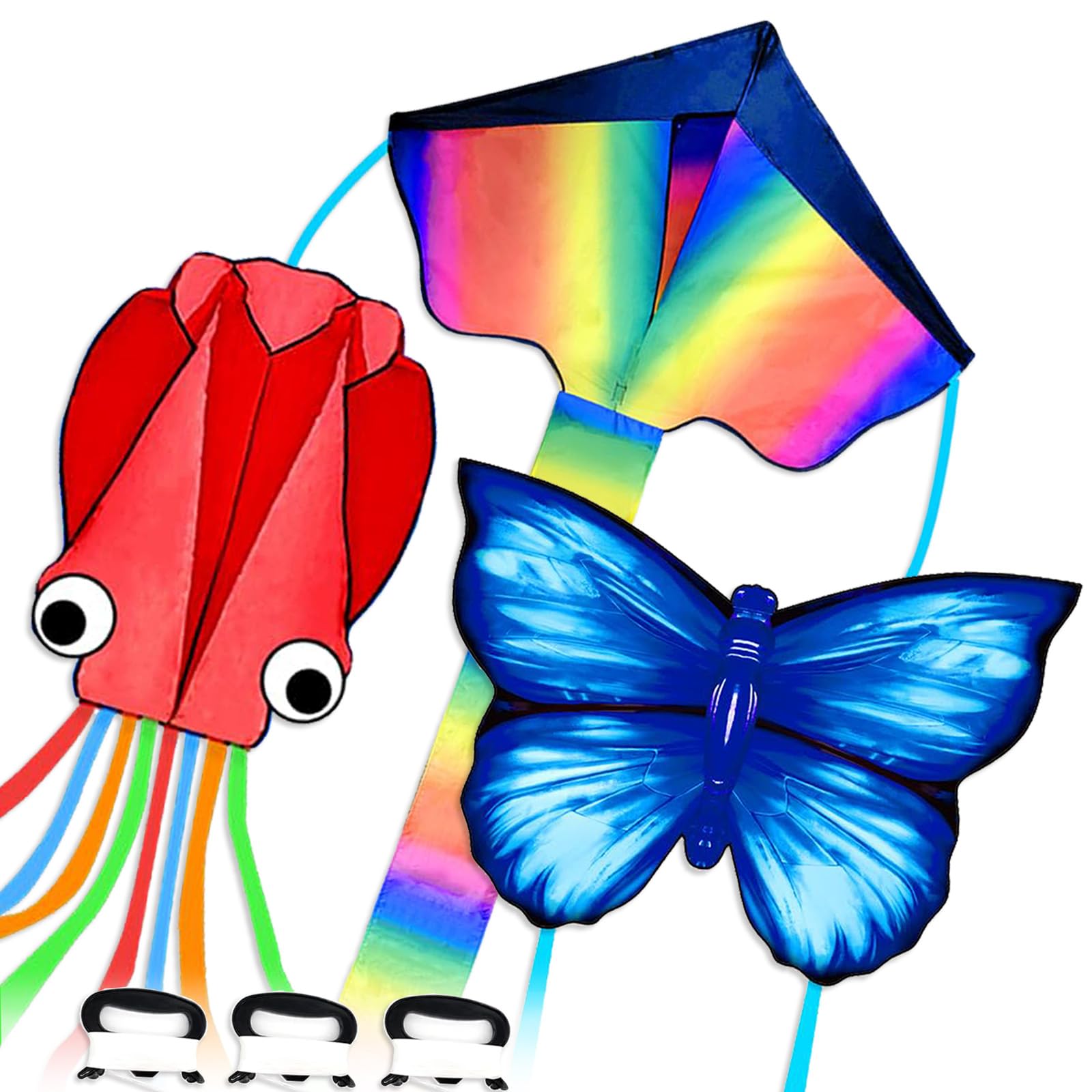 Simxkai 3 Pack Kites-Rainbow Delta Kite, Red Mollusc Octopus Kite, Blue Butterfly Kite