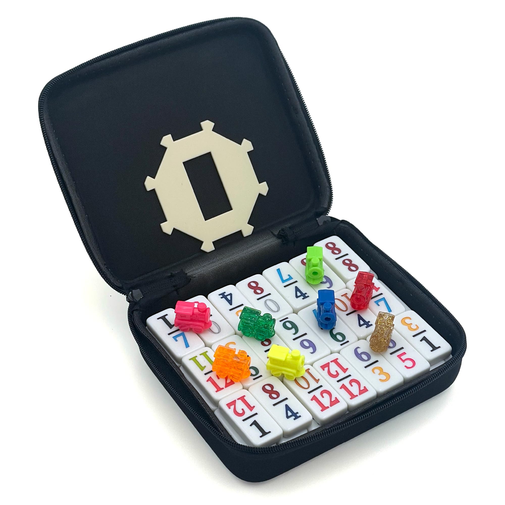 Photo 1 of CHH Double 12 Mexican Train Number Dominoes – Travel Size with Zip Up Case, Hub & 8 Domino Trains – 91 Fun Size Numbered Dominoes