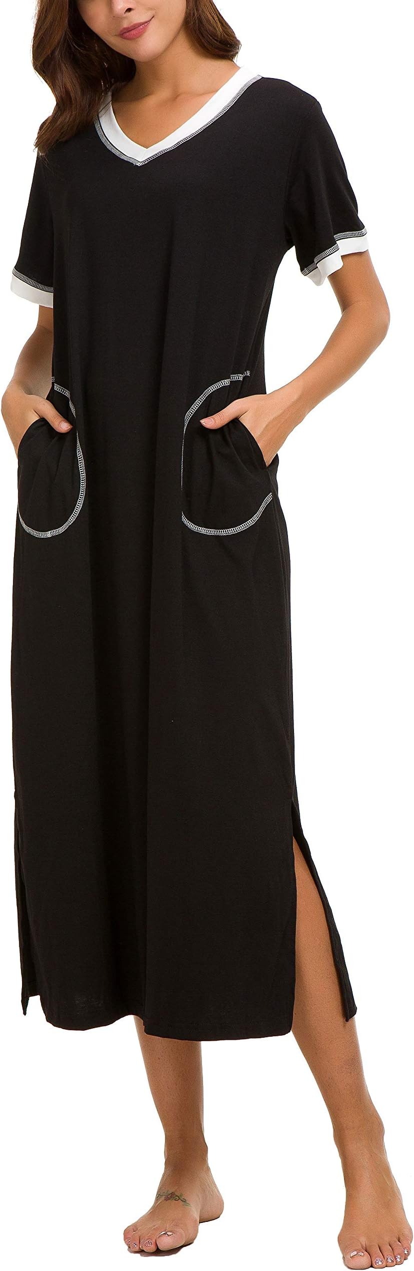 AVIIER Women Long Nightgowns Soft Lounge House Dress Short Sleeve Sleep Shirt Pockets