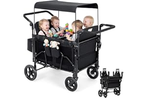 IDEALHOUSE 4 Seater Folding Wagon Stroller for Kids, All-Terrain with Canopy, Snack Tray, Adjustable Handle, Black