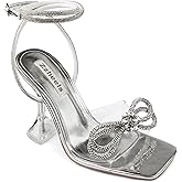 Zzheels Double Bowknots Crystal Sandals Clear Slingback Heels Square Toe Shoes for Party Wedding