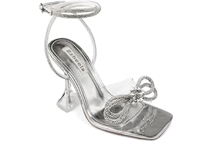 Zzheels Double Bowknots Crystal Sandals Clear Slingback Heels Square Toe Shoes for Party Wedding