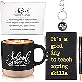 SiliFine 5 Pcs School Counselor Gifts Ideas for Women Men 13oz Ceramic Mug Appreciation Makeup Bag Keychain Leather Notebook Thank You Pens Gift for Guidance Counselor Teacher(Black,Classic)