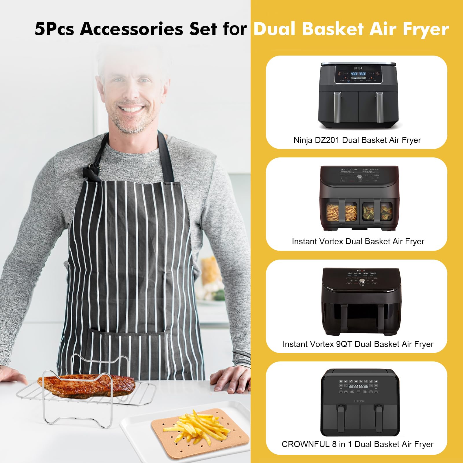 Dual Basket Air Fryer Accessories for Ninja Foodi DZ201 DZ100 SL201 & Other 8QT-10QT 2-Basket DualZone Air Fryers, Come with Air Fryer Rack Set, 100Pcs Paper Liners, Silicone Brush & Tongs